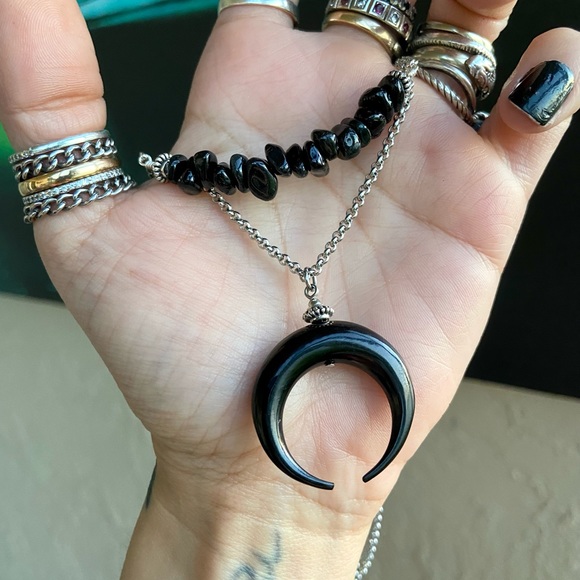 Moon choker necklace . Double layer onyx chips & black moon charm .  goth boho - Picture 6 of 13